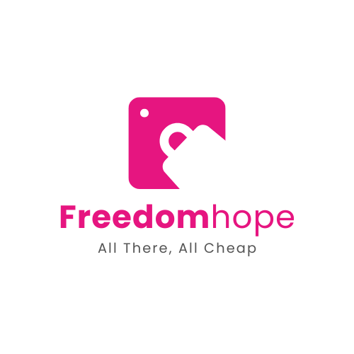 Logo Samples Freedomhope logo with pink shopping bag icon and bold lettering