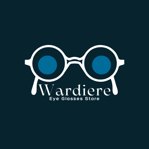 Logo Samples Wardiere logo featuring classic round eyeglasses in white and blue on dark background